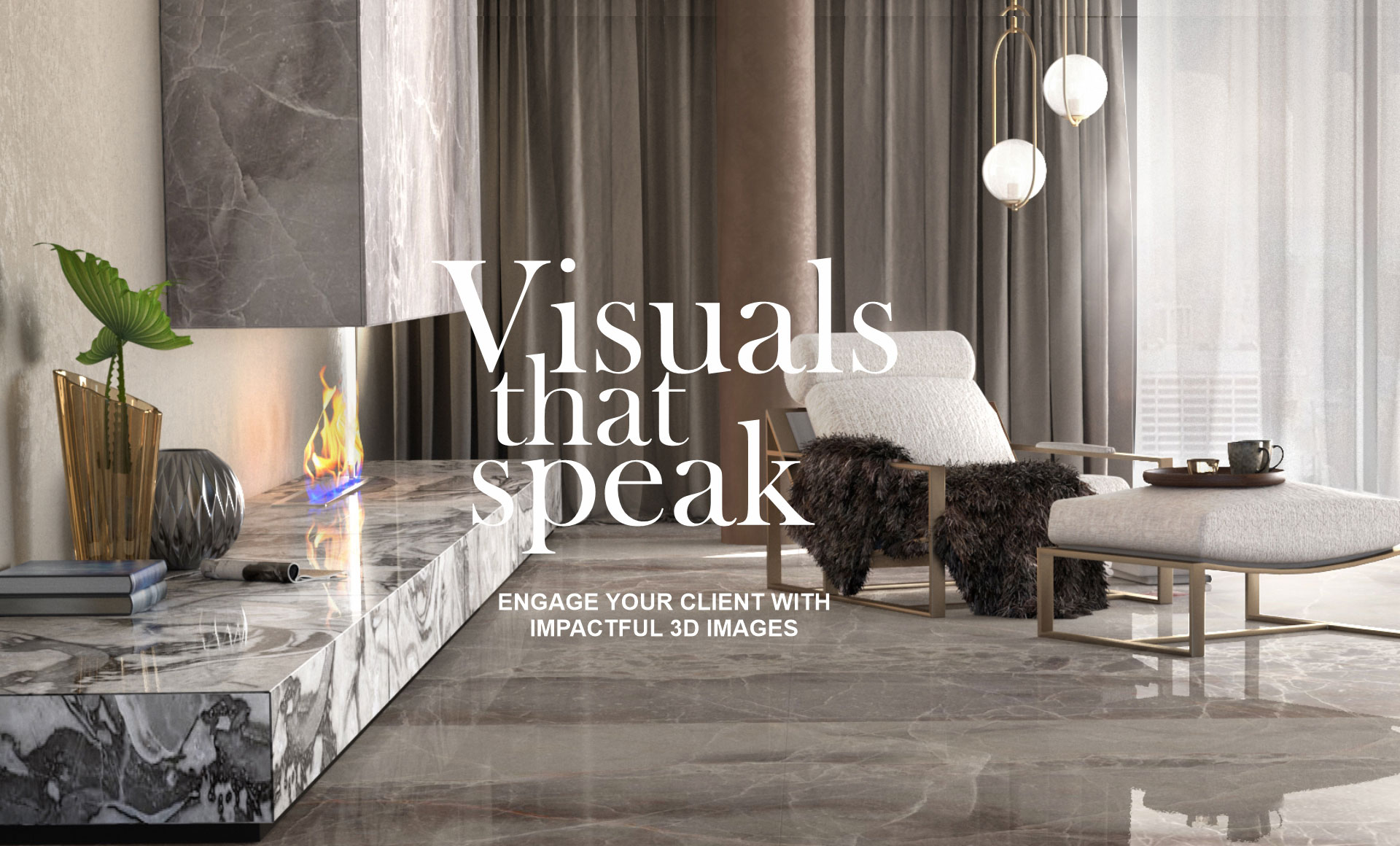 Sunlit living room with marble fireplace and lounge chair. Visuals that speak. Engage your client with impactful 3D images.