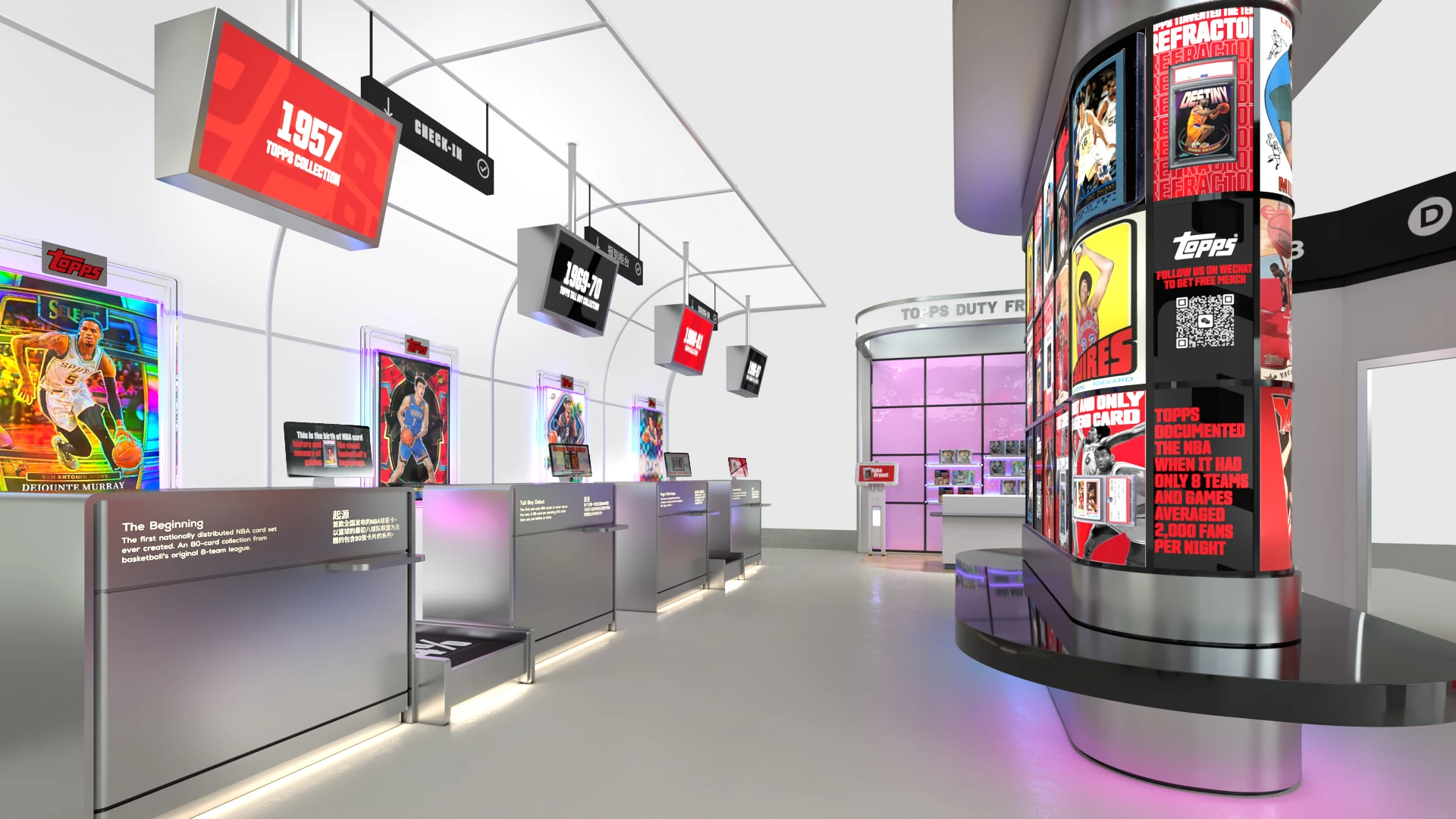Presentation CGI of an airport-inspired activation with counters and a central display