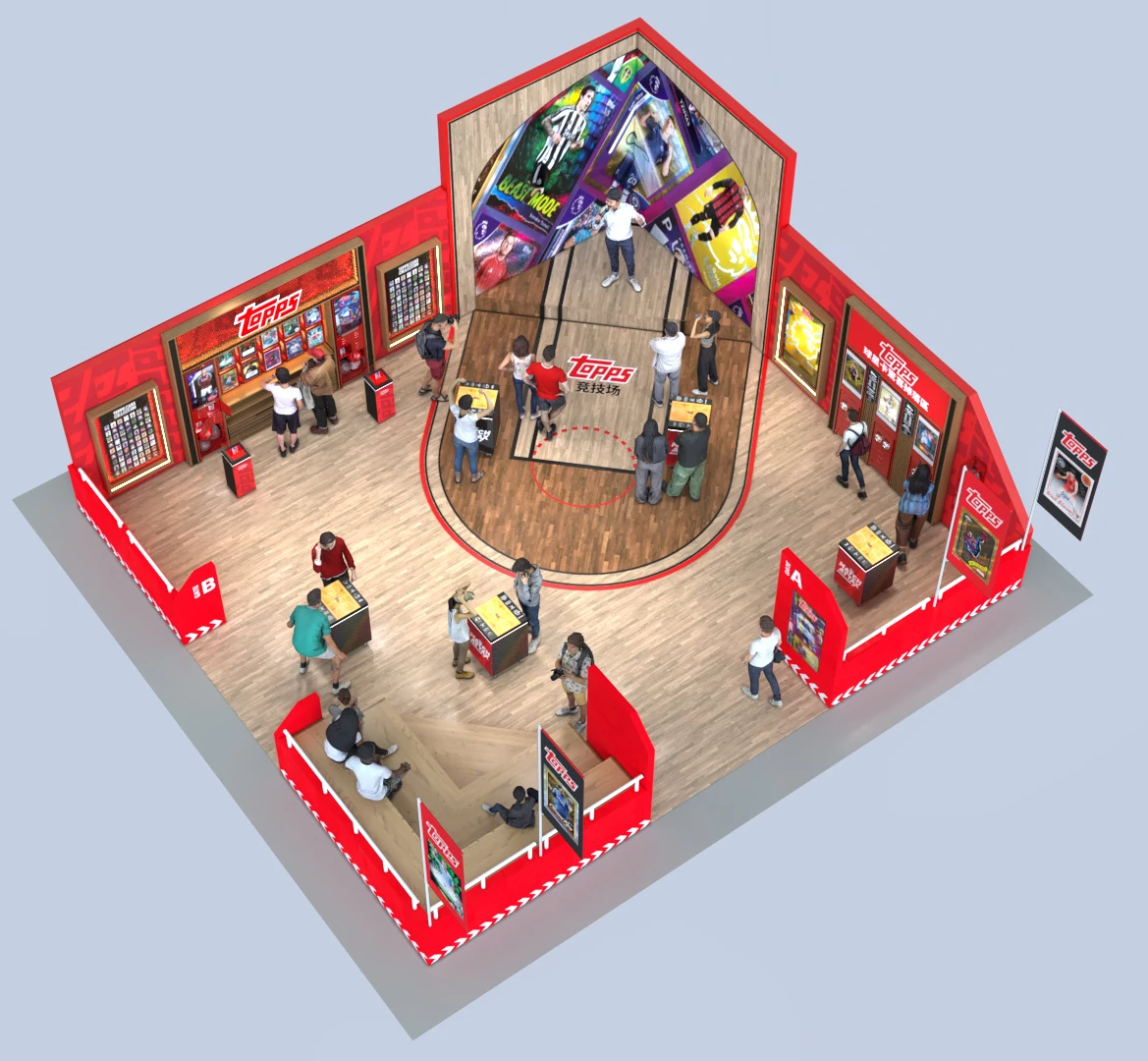 Elevated CGI of a fan activation with a central display and interaction zones