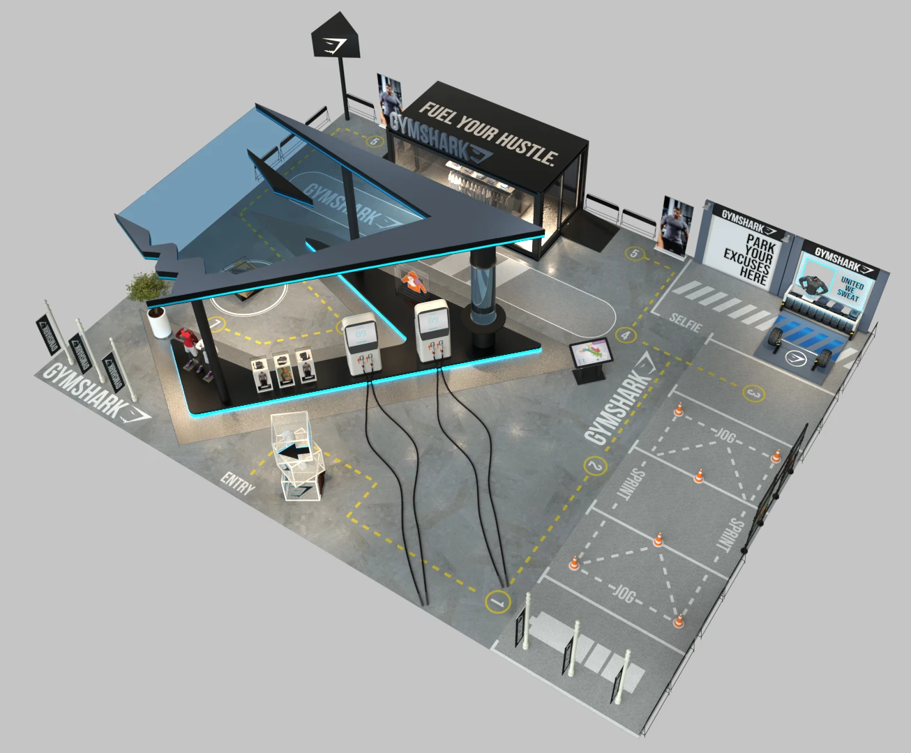 Elevated CGI view showing the overall pop-up layout