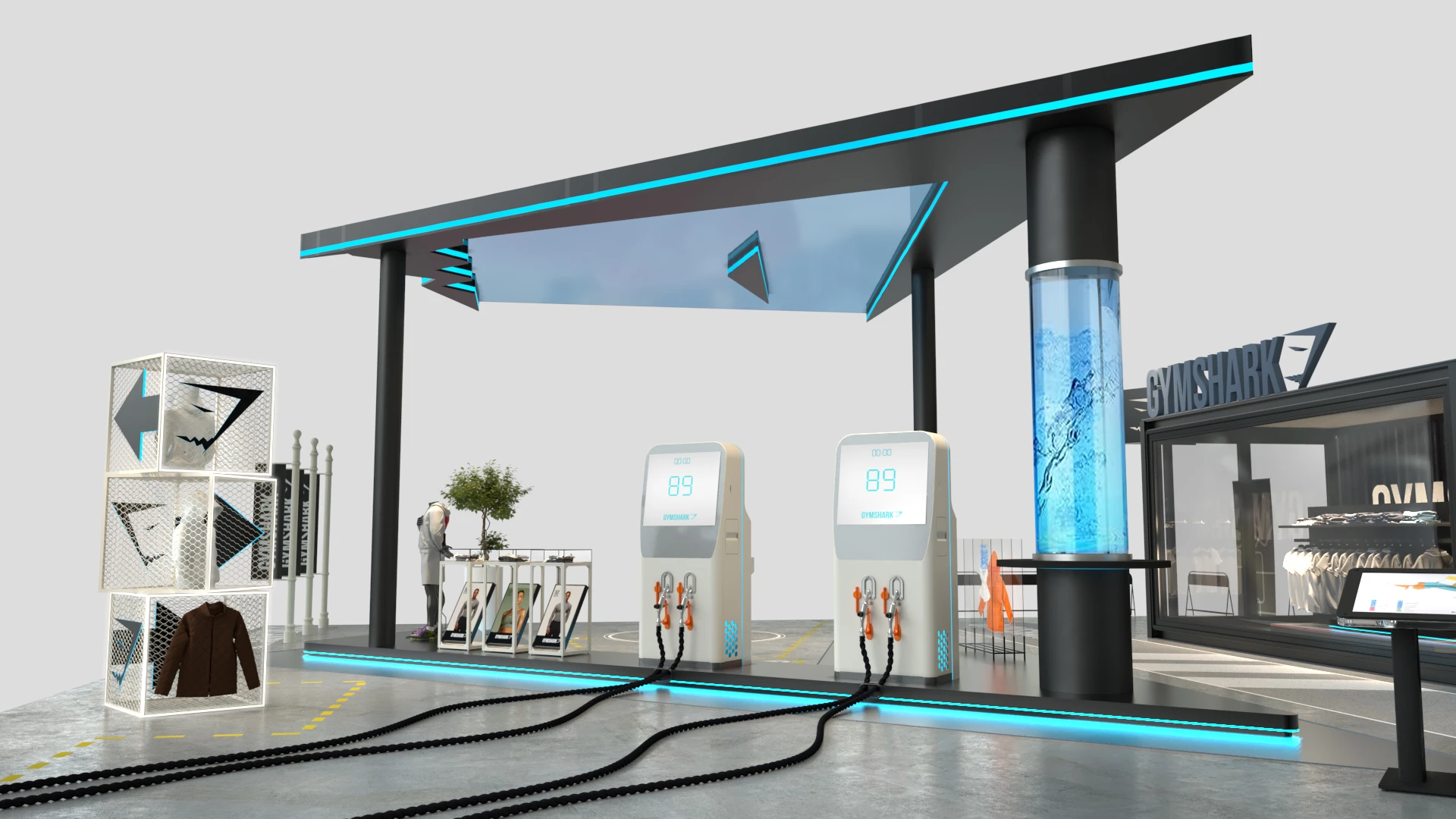 Front view of the canopy and pump-inspired workout equipment
