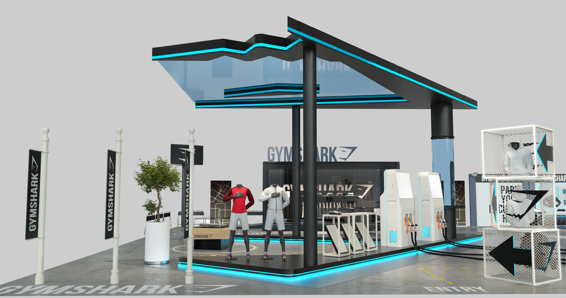 Fitness pop-up concept with a canopy, retail space and workout equipment