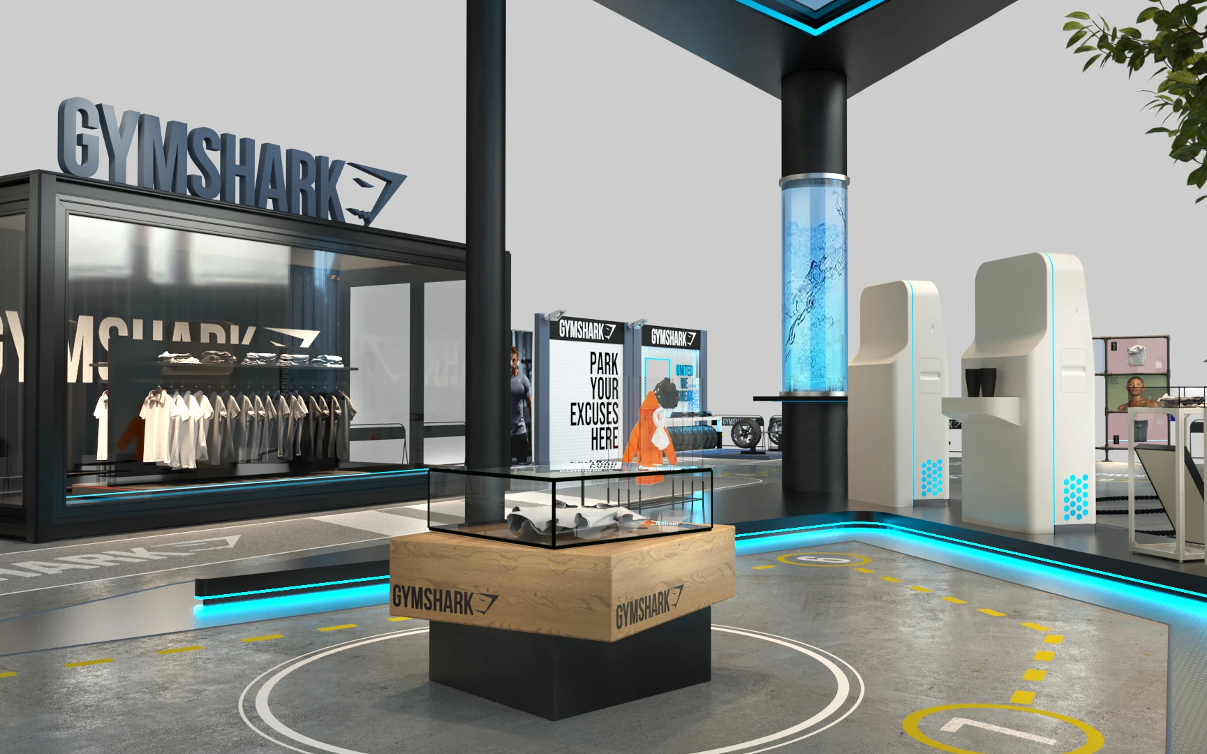 Detail CGI view of the pop-up forecourt and branded elements