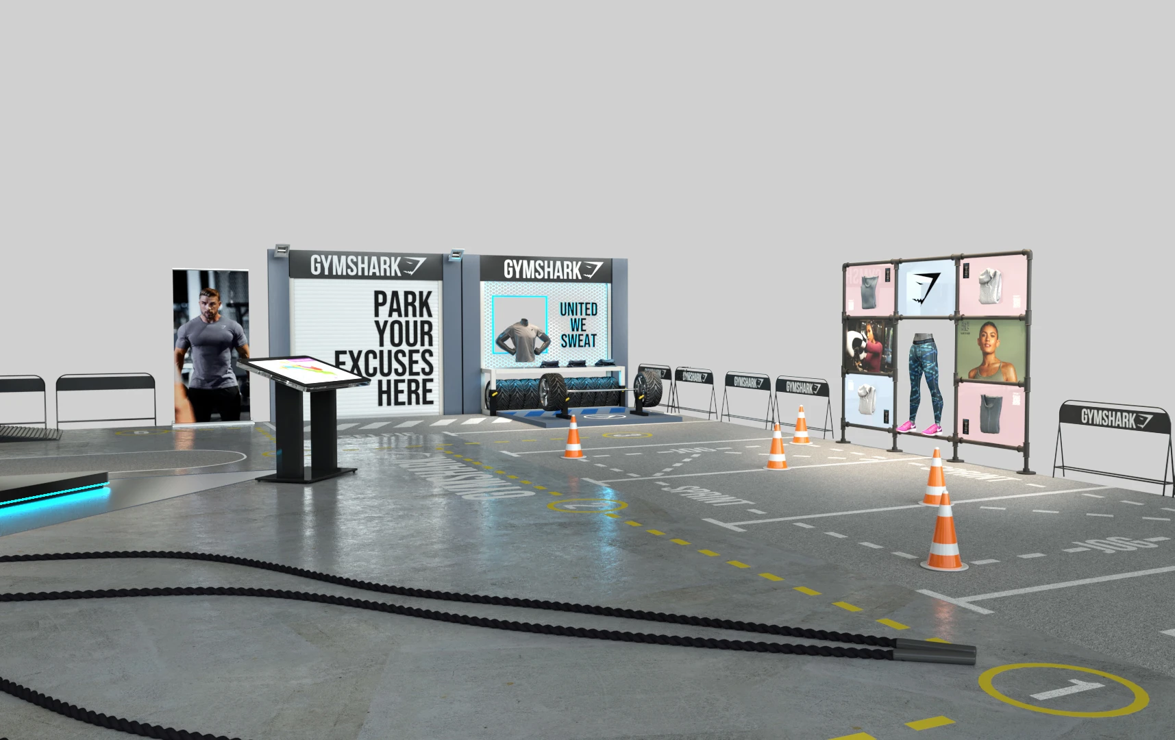 Wide CGI view of the workout area