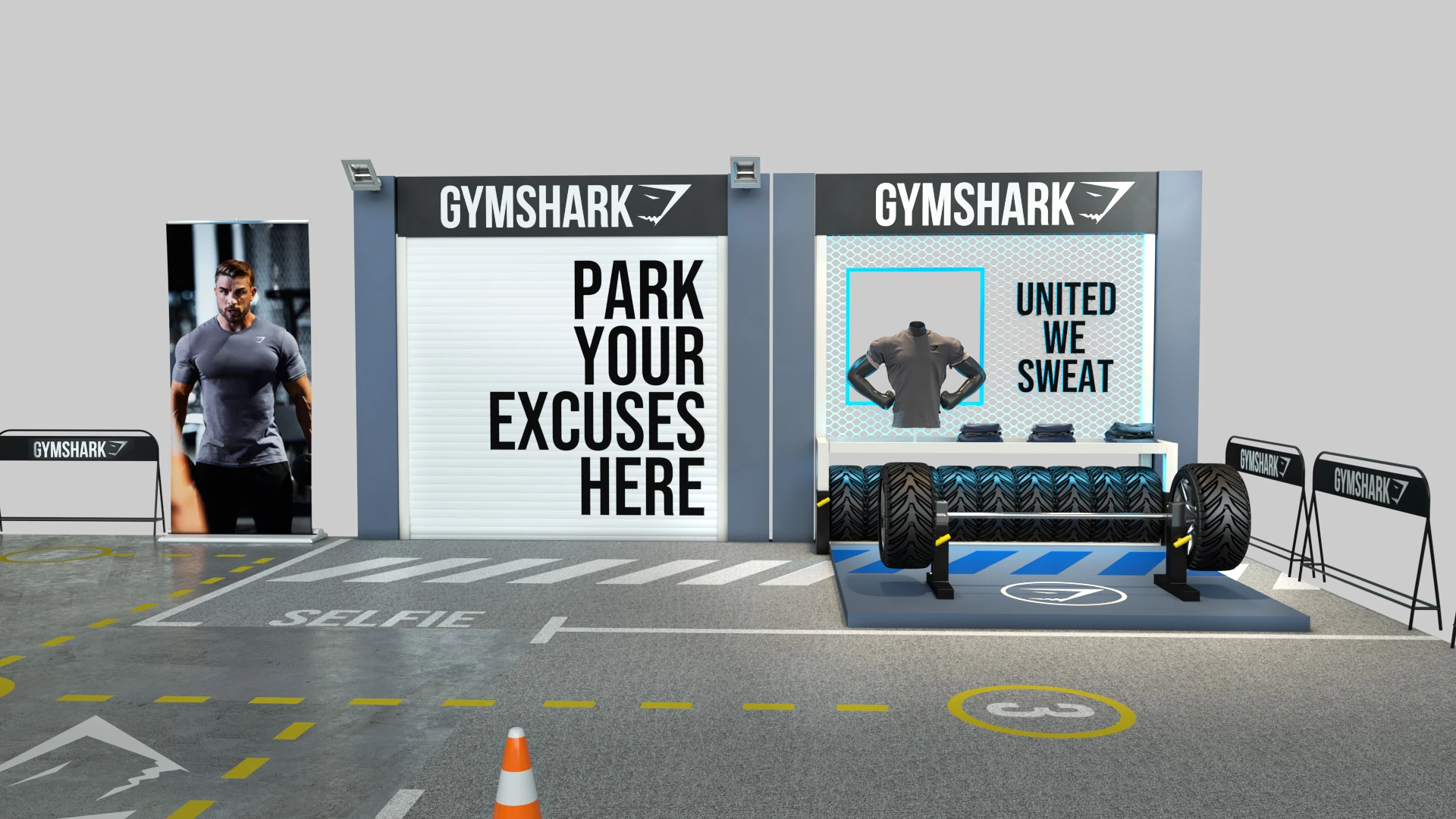 Close CGI view of fitness equipment and branded workout walls