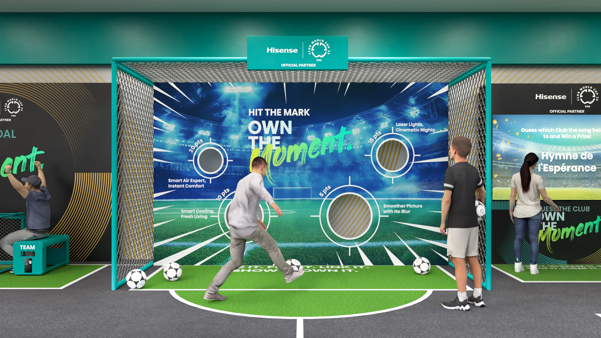 CGI of a football target activity within a branded fan environment