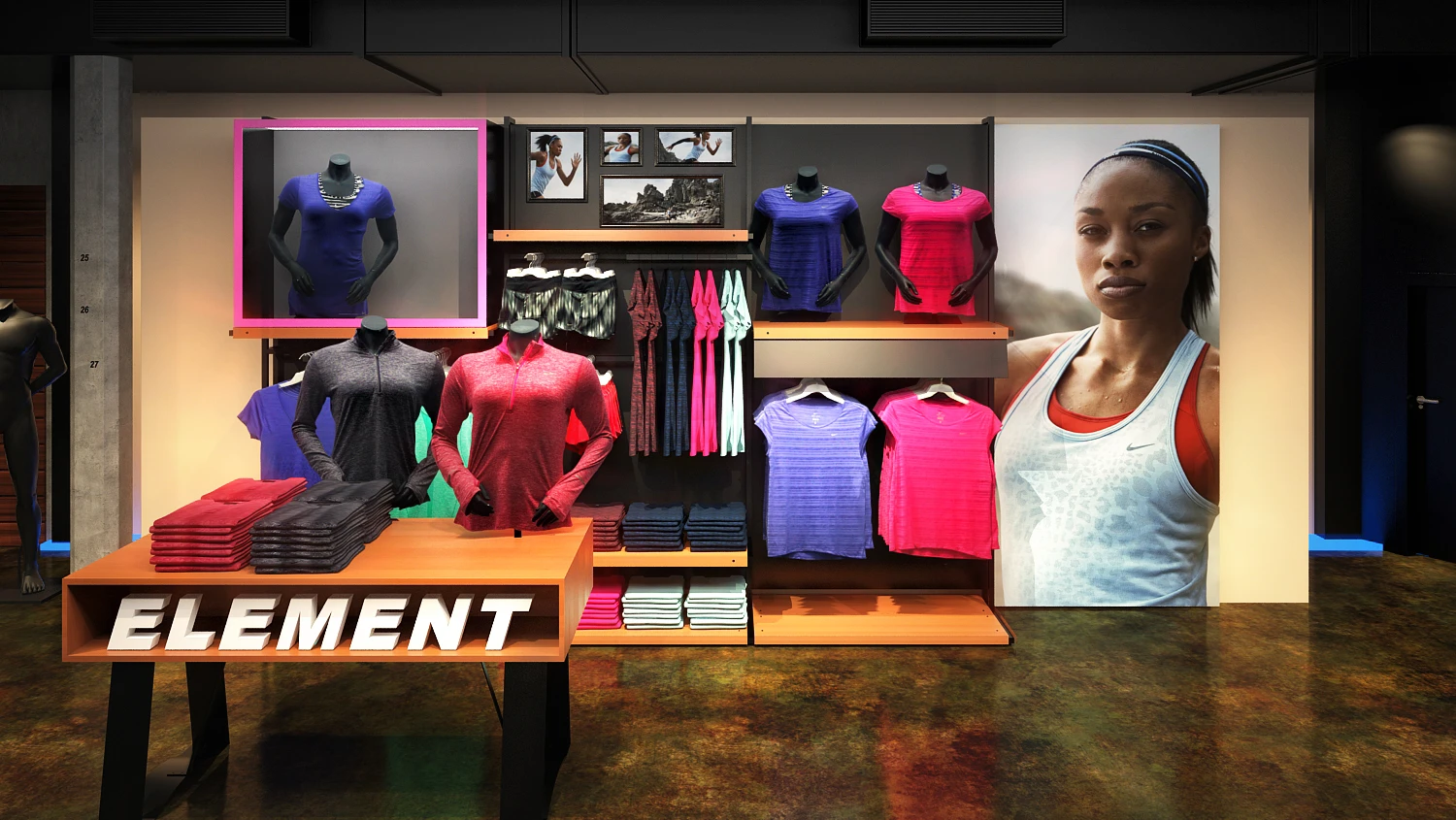 CGI of apparel fixtures within the retail environment