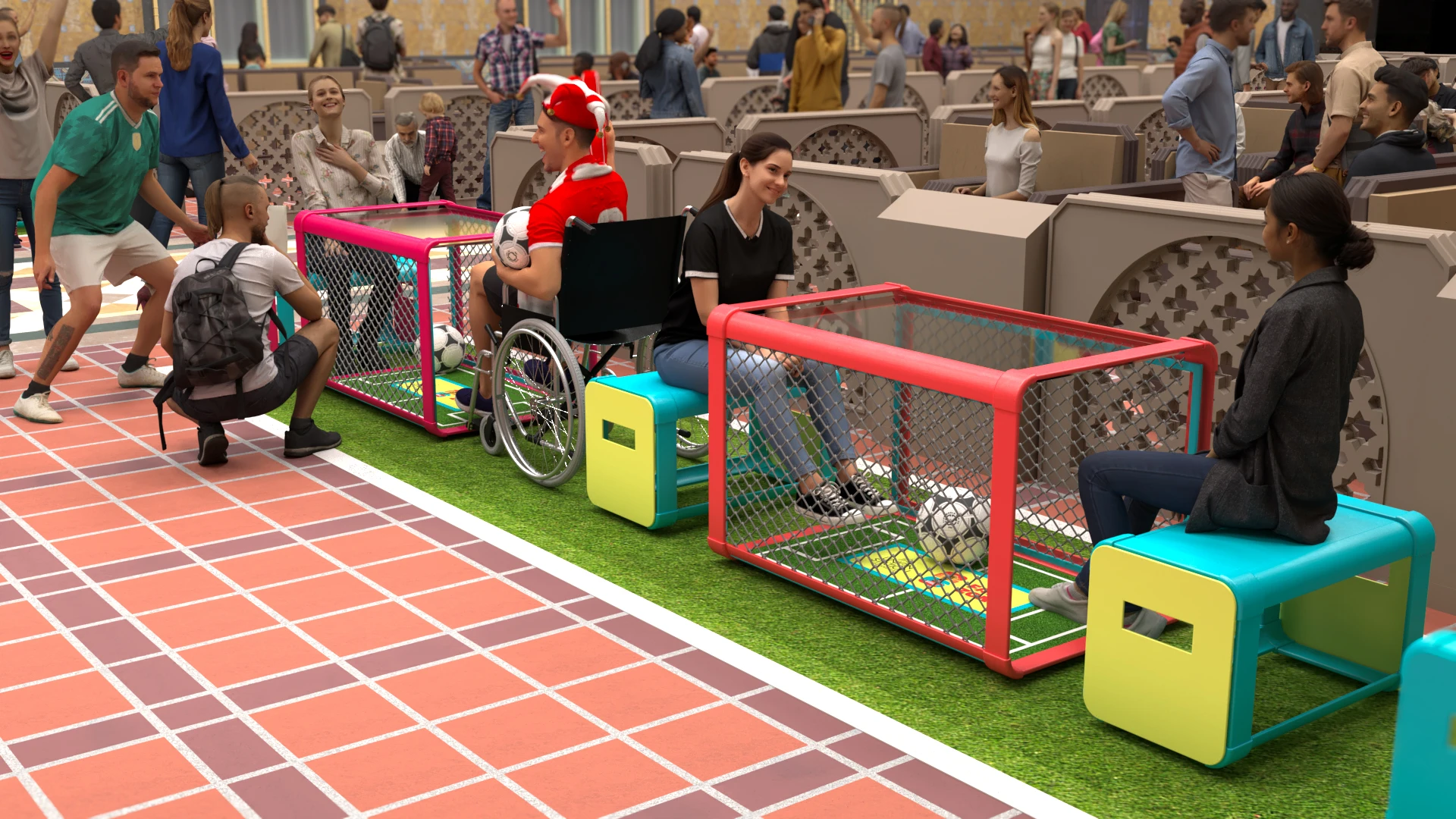 Interactive football activity in a seating area