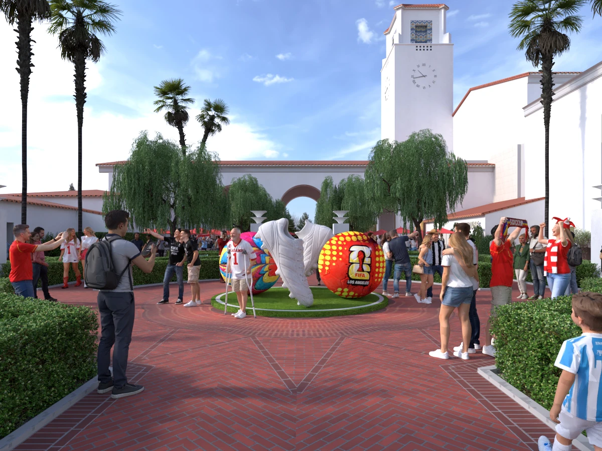 Presentation CGI of visitors arriving at an outdoor fan zone