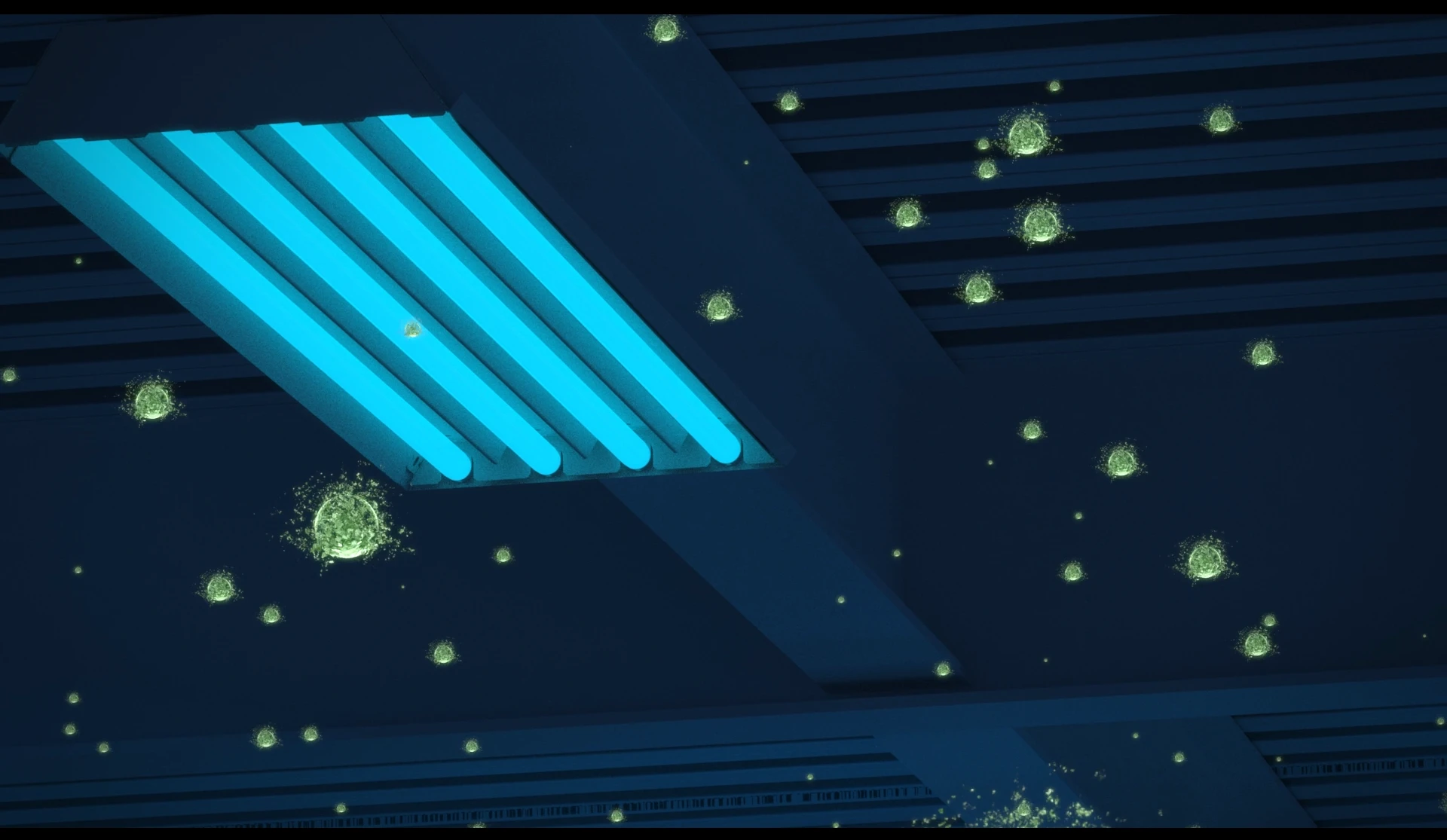 Supplied CGI frame illustrating a UV-C fixture and enlarged microorganisms