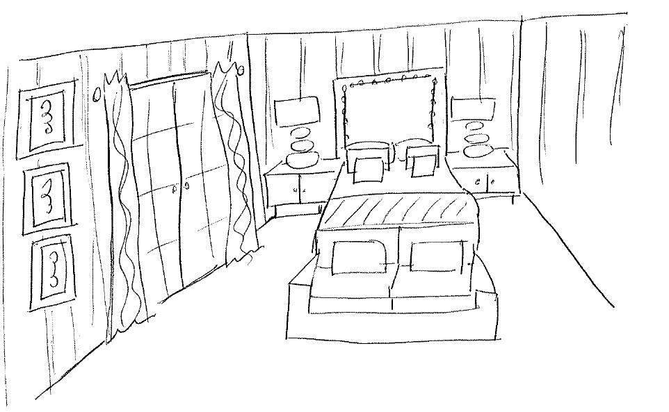 Hand-drawn bedroom sketch illustrating an early reference.